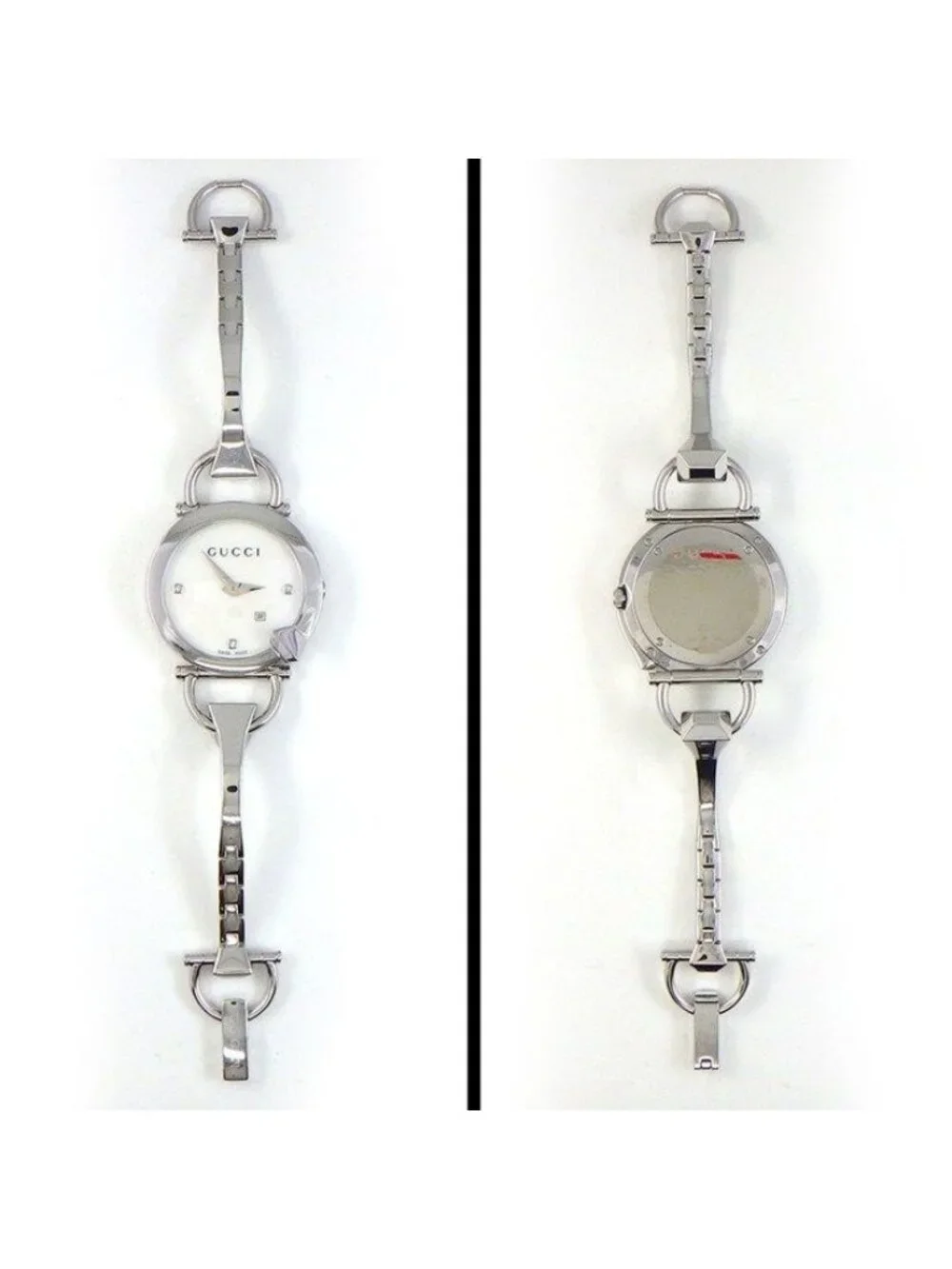 Gucci Watch Kiodo 122.5 Horsebit 3 Point Diamond Index White Shell Dial Date SS